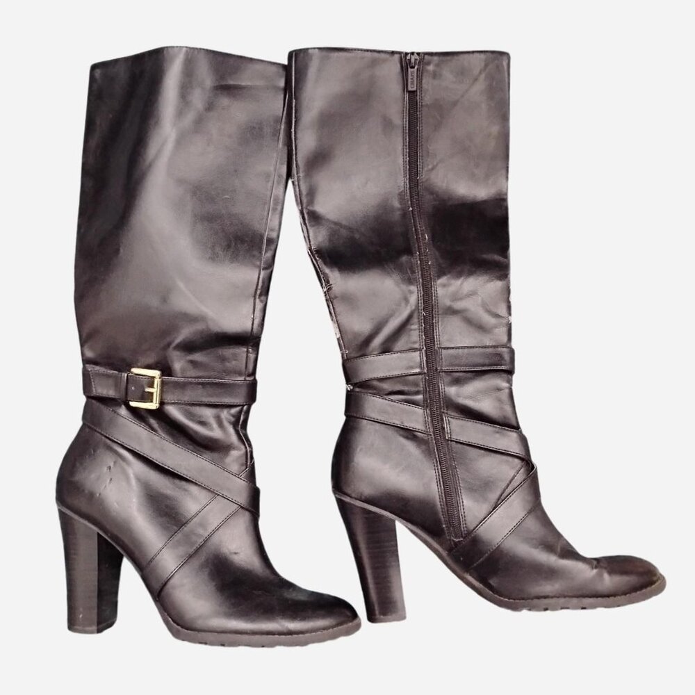 Chaps Midcalf Leather Black Heeled Boots